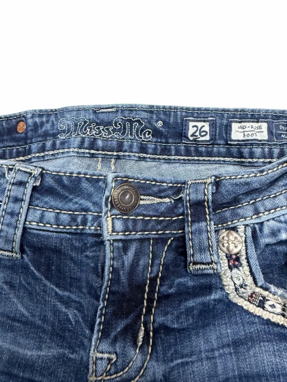 Miss Me Mid Rise Bootcut jeans embroidered metallic gold patch women’s 26 - Picture 7 of 16